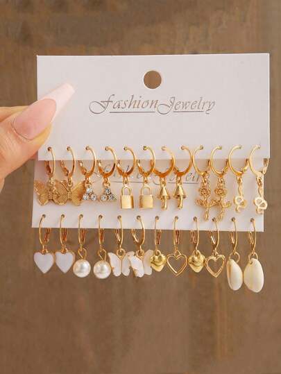 24pcs/Set Simple Heart, Butterfly, Flower, Rhinestone & Faux Pearl Stud Earring Set For Women As A Gift For Dating/Vacation