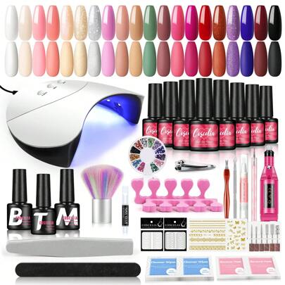 1x 36W Nail Lamp + 1x Nail Grinding Machine (Comes With 6 Random Grinding Heads) + 20pcs 7ml Nail Polish Gel + 3pcs Base Coat, Matte & Top Coat + 3pcs Nail Decoration + 14pcs Nail Repair Tool And Accessory, Red & Gold Glitter Nail Polish Gel Set With Multi-Function Nail Art Tool Kit (2g Glue Will Be Sent Randomly)