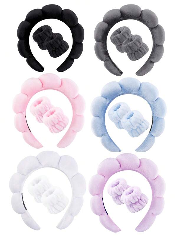 1 Face Washing Headband/2 Face Washing Wrist Straps/3 Set Of Hydrotherapy Headbands, Makeup Headbands, Face Washing Headbands, Skincare Headbands, Pink Velvet Fluffy Sponge Headbands, Bows, Bubbles, Hydrotherapy Headbands, Wristbands, Set Of Women's And Girls' Hair Accessories