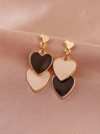 1pair European & American Fashion Simple Double-Layered Alloy Heart-Shaped Oil Drip Earrings For Women, Summer Festival Gift And Daily Wear