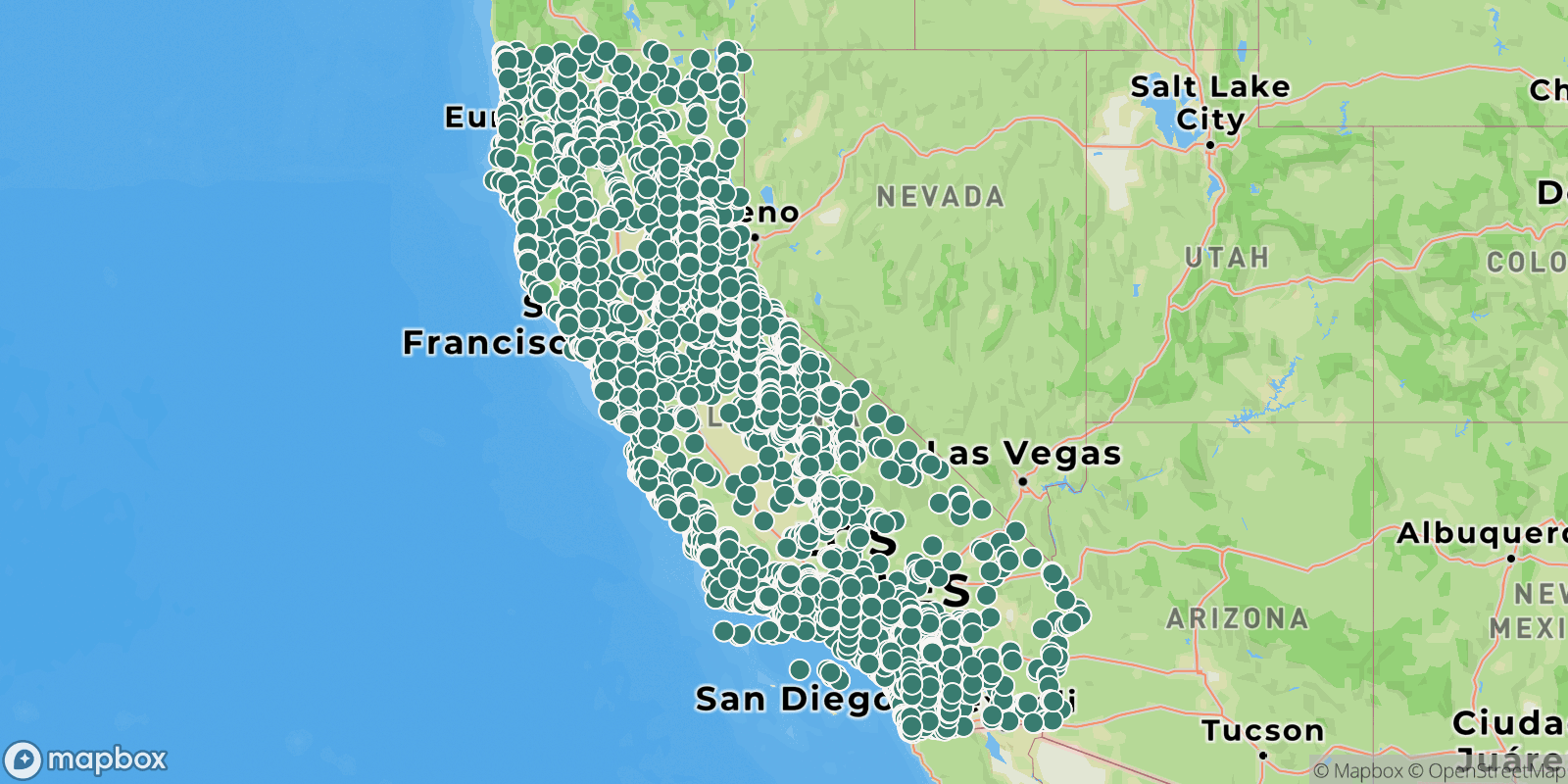 Map showing campgrounds in California