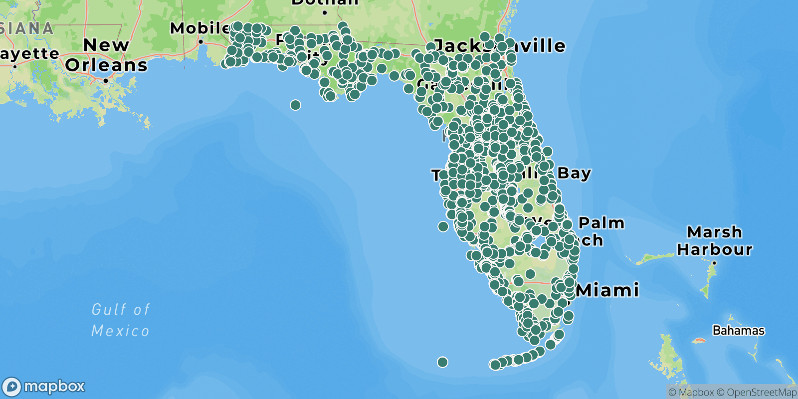 Map showing campgrounds in Florida