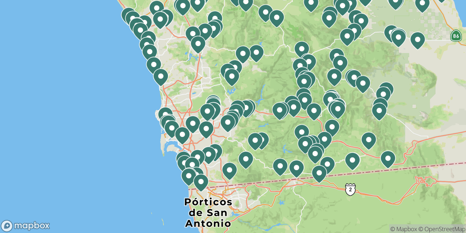 Map showing campgrounds near San Diego, California