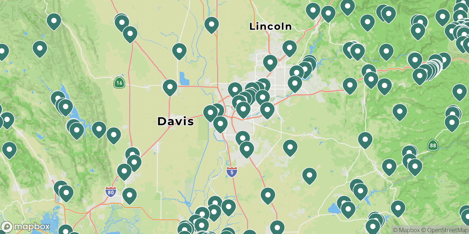 Map showing campgrounds near Sacramento, California