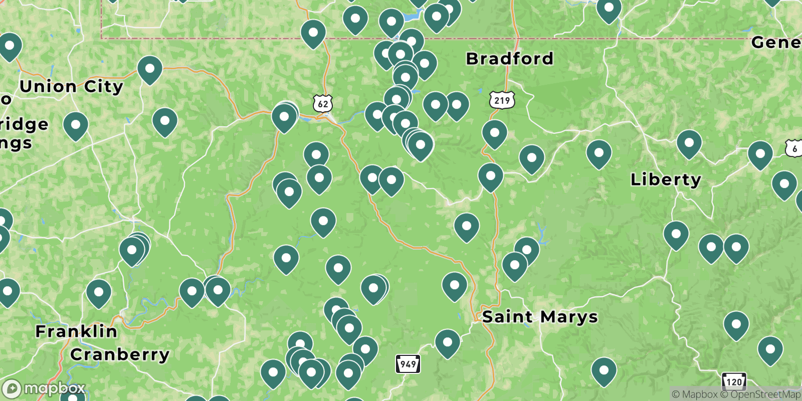 Map showing campgrounds near Allegheny National Forest, Pennsylvania