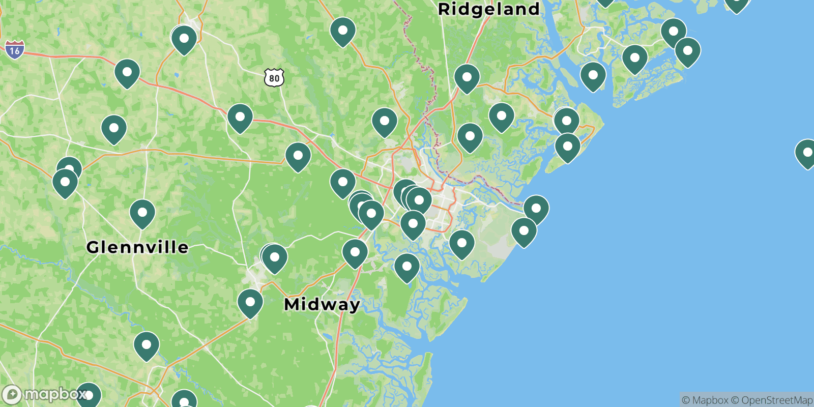 Map showing campgrounds near Savannah, Georgia