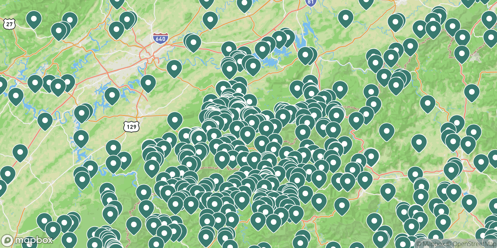 Map showing campgrounds near Gatlinburg, Tennessee