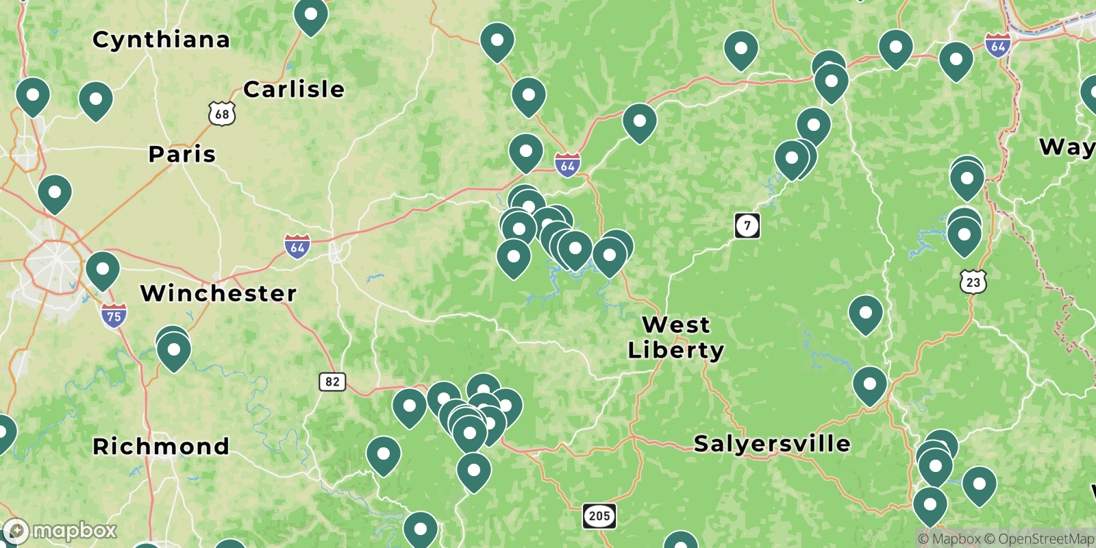 Map showing campgrounds near Daniel Boone National Forest, Kentucky