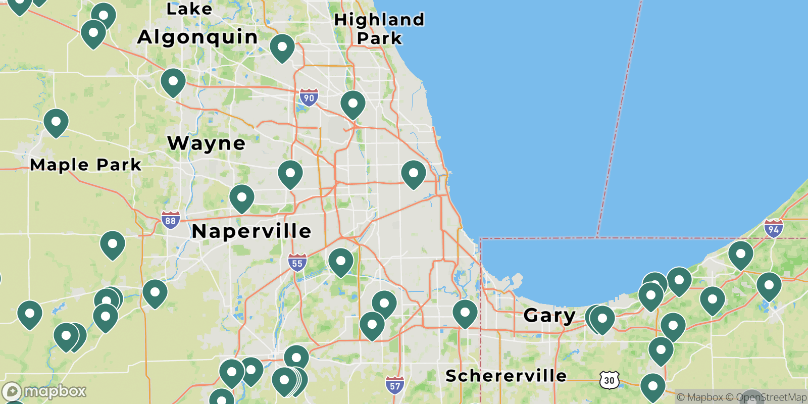 Map showing campgrounds near Chicago, Illinois