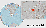 Gray Location Map of the area around 26° 1' 26" S, 25° 34' 30" E, hill shading