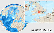 Shaded Relief Location Map of the area around 51° 43' 18" N, 1° 37' 30" W