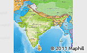 Physical 3D Map of India, political shades outside, shaded relief sea