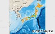 Political 3D Map of Japan, shaded relief outside, bathymetry sea