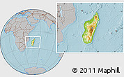 Physical Location Map of Madagascar, gray outside, hill shading