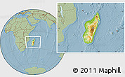 Physical Location Map of Madagascar, savanna style outside, hill shading