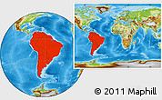 Physical Location Map of South America, within the entire world