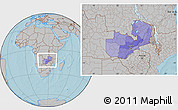 Political Location Map of Zambia, gray outside, hill shading