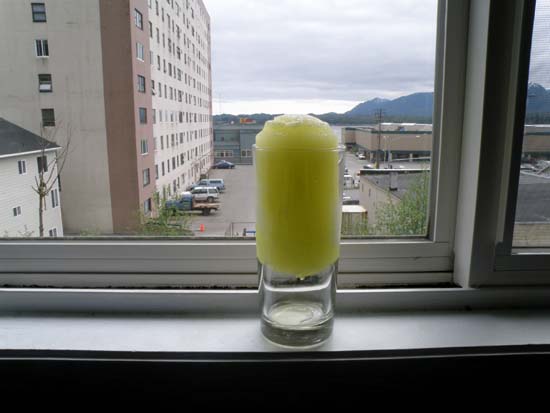 Frozen Mountain dew in a window.