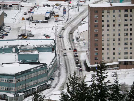 Snow bermed up in the center of the road between lanes in Ketchikan, Alaska. December 29, 2008