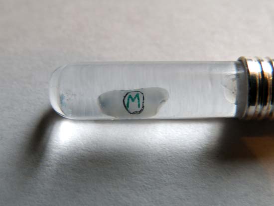 Green M with a circle around it on a grain of rice