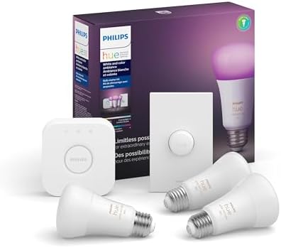 Philips Hue Smart Light Starter Kit Old Version - Includes (1) Bridge, (1) Smart Button and (3) Smart 60W A19 LED Bulb, White and Color Ambiance, 800LM, E26 - Control with Hue App or Voice Assistant