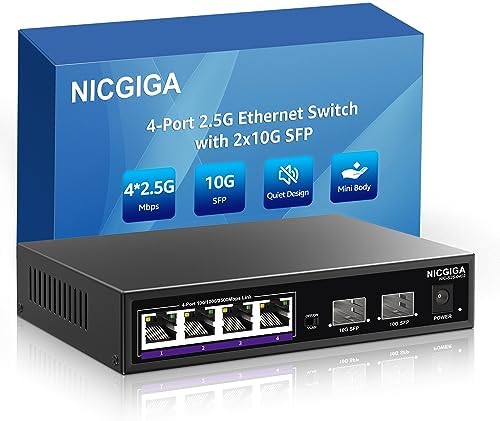 NICGIGA 6 Port 2.5G Ethernet Switch with 4X 2500Mbps + 2X 10G SFP Uplink Port , Unmanaged 2.5Gb Network Switch, One-Key VLAN, Plug & Play, Desktop/Wall-Mount, Fanless Metal Design.