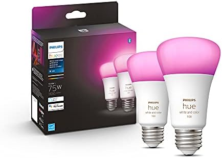 Philips Hue A19 LED Smart Light Bulbs - Flicker-Free 75w Light Bulbs - Control with Hue App - Compatible with Alexa, Google Assistant, and Apple HomeKit - E26 Base - 2 Pack