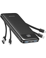 Charmast Power Bank with Built in Cable, 10000mAh USB C Battery Pack 6 Outputs 2 Inputs with LED Display Type C Powerbank Portable Charger Compatible with Smartphones Tablets and More (Black)