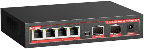 ienRon 6 Port 2.5G PoE Switch, 4 x 2.5G Base-T PoE Ports with 2 x 10G SFP, IEEE802.3af/at, 65W Unmanaged 2.5Gb Network Switch Compatible with 100/1000/2500Mbps for AP, PC/Metal/Fanless/Wall Mountable