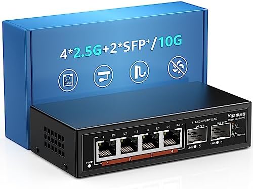 6 Port 2.5G Umanaged Ethernet Switch, 4 x 2.5G Base-T Ports, 2 x 10G SFP, Compatible with 100/1000/2500Mbps, Metal Fanless, Desktop/Wall Mount YuanLey 2.5Gbe Network Switch for Wireless AP, NAS, PC