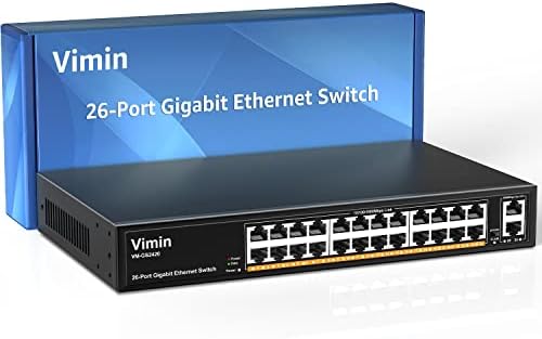 VIMIN 24-Port Gigabit Ethernet Switch with 2 Uplink 1000Mbps Ports, 26-Port Unmanaged Network Switch Support IEEE802.3af/at, VLAN, Metal Housing, Desktop, 19 inch Rack-Mount, Plug and Play