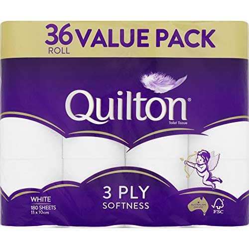 Quilton 3 Ply Toilet Tissue (180 Sheets per Roll, 11x10cm), Pack of 36