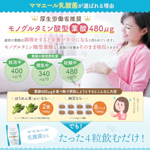 ママエール乳酸菌 葉酸 高配合 480μg 妊婦 妊娠 産後 サプリメントの商品画像