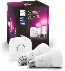 Philips Hue Smart Light Starter Kit - Includes (1) Bridge and (2) 60W A19 LED Bulb, White and Color Ambiance Color-Changing Light, 800LM, E26 - Control with App or Voice Assistant