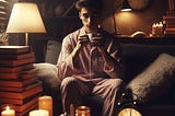 AI image of man sitting with cup of coffee at night