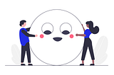 Man and women character hold a smiling circle illustration with eyes and smile