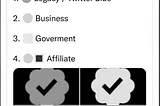 A twitter post that shows 4 different types of verification badges: legacy, business, government and affiliate. In grayscale, they look nearly identical.