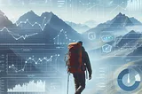 Hiker against a mountain backdrop, with ghosted images of various graphs and charts overlaying the main image.