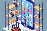 Builders construct a mobile phone interface in a square, isometric digital art image.