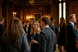 an image of a function in a grand hotel with guests mingling and talking with each other