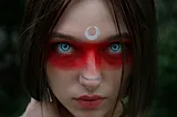 A woman with blue eyes, a nose piercing, and red eye makeup poses in a front-on image. She has a white decorative symbol on her forehead.