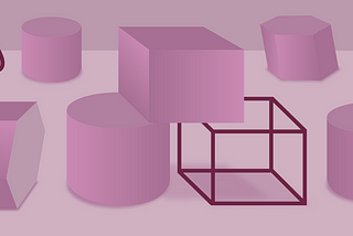 An abstract image of hollow and solid three dimensional shapes rendered in pink
