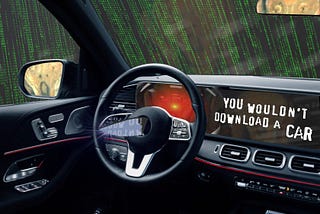 The interior of a luxury car. There is a dagger protruding from the steering wheel. The entertainment console has been replaced by the text ‘You wouldn’t download a car,’ in MPAA scare-ad font. Outside of the windscreen looms the Matrix waterfall effect. Visible in the rear- and side-view mirror is the driver: the figure from Munch’s ‘Scream.’ The screen behind the steering-wheel has been replaced by the menacing red eye of HAL9000 from Stanley Kubrick’s ‘2001: A Space Odyssey. Image: Cryteria