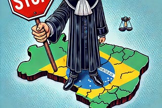 IMAGE: A comic-style illustration of a bald man dressed as a judge over the map of Brazil, holding a STOP sign