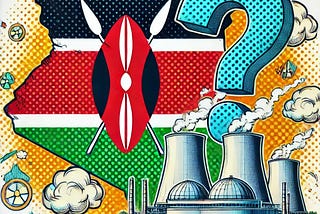 IMAGE: A comic-style illustration of a map of Kenya with the flag, a large nuclear power facility, and a big question mark hovering over it