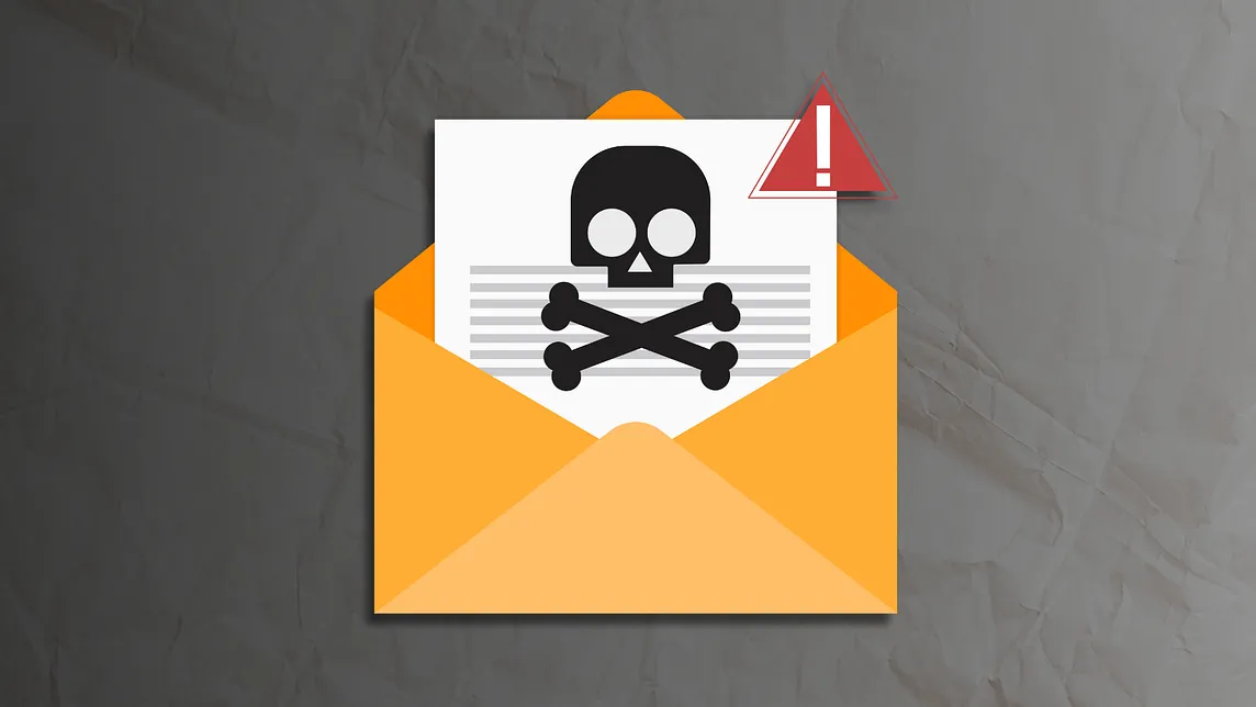 On a dark background, an envelope is open with a letter decorated with a skull and crossbones.