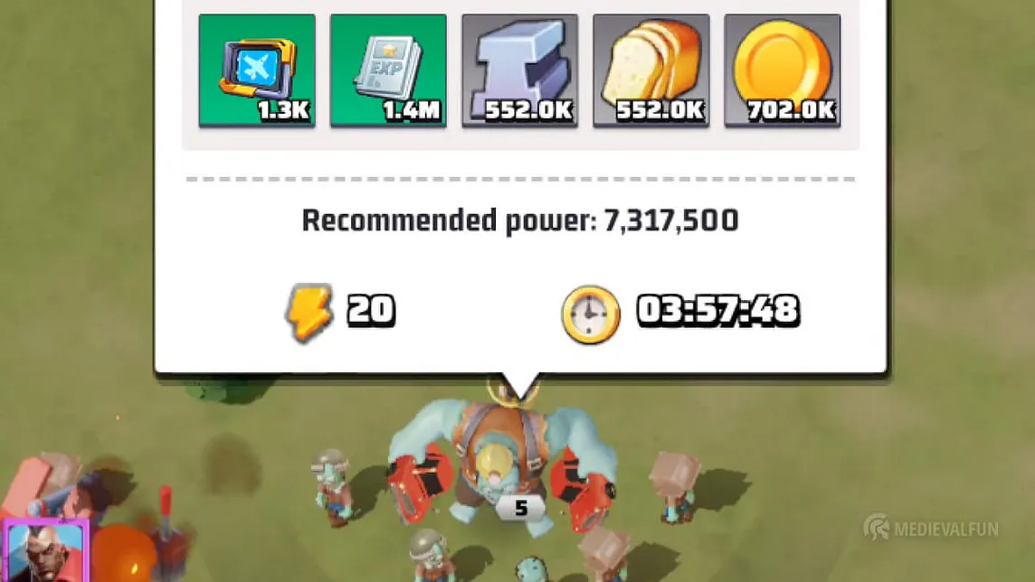 A zombie boss in Last War: Survival Game and the guaranteed reward of 1.4 Million Hero EXP for winning the battle