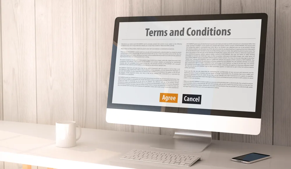 IMAGE: A computer screen displaying the terms and conditions of a service and the two buttons to agree or cancel