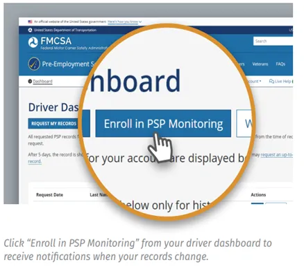 A screenshot of the “Enroll in PSP Monitoring” website. Click “enroll in PSP monitoring” from your driver dashboard to receive notifications when your records change.
