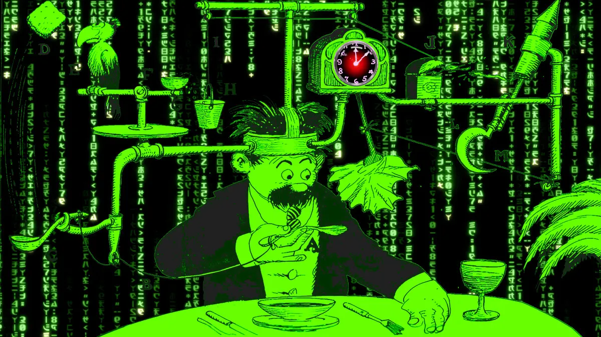 A Rube Goldberg drawing of a man using an elaborate automatic napkin, a contraption that integrates a wall-clock, a parrot, a pop-up toaster and other contrivances. The background has been replaced with the ‘code waterfall’ effect seen in the credits of the Wachowskis’ ‘Matrix’ movie. The fact of the wall-clock has been replaced with the staring eye of HAL 9000 from Kubrick’s ‘2001: A Space Odyssey.’ Image: Cryteria (modified) https://commons.wikimedia.org/wiki/File:HAL9000.svg CC BY 3.0 http